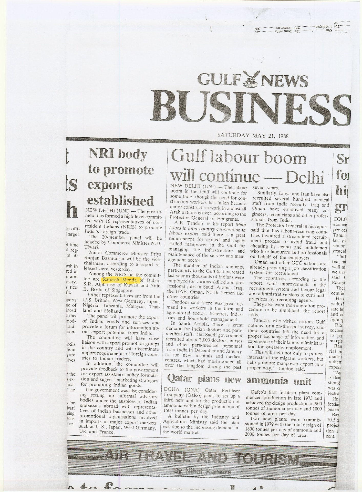 Gulf News Business, 21 May 1988 — NRI body to promote exports established