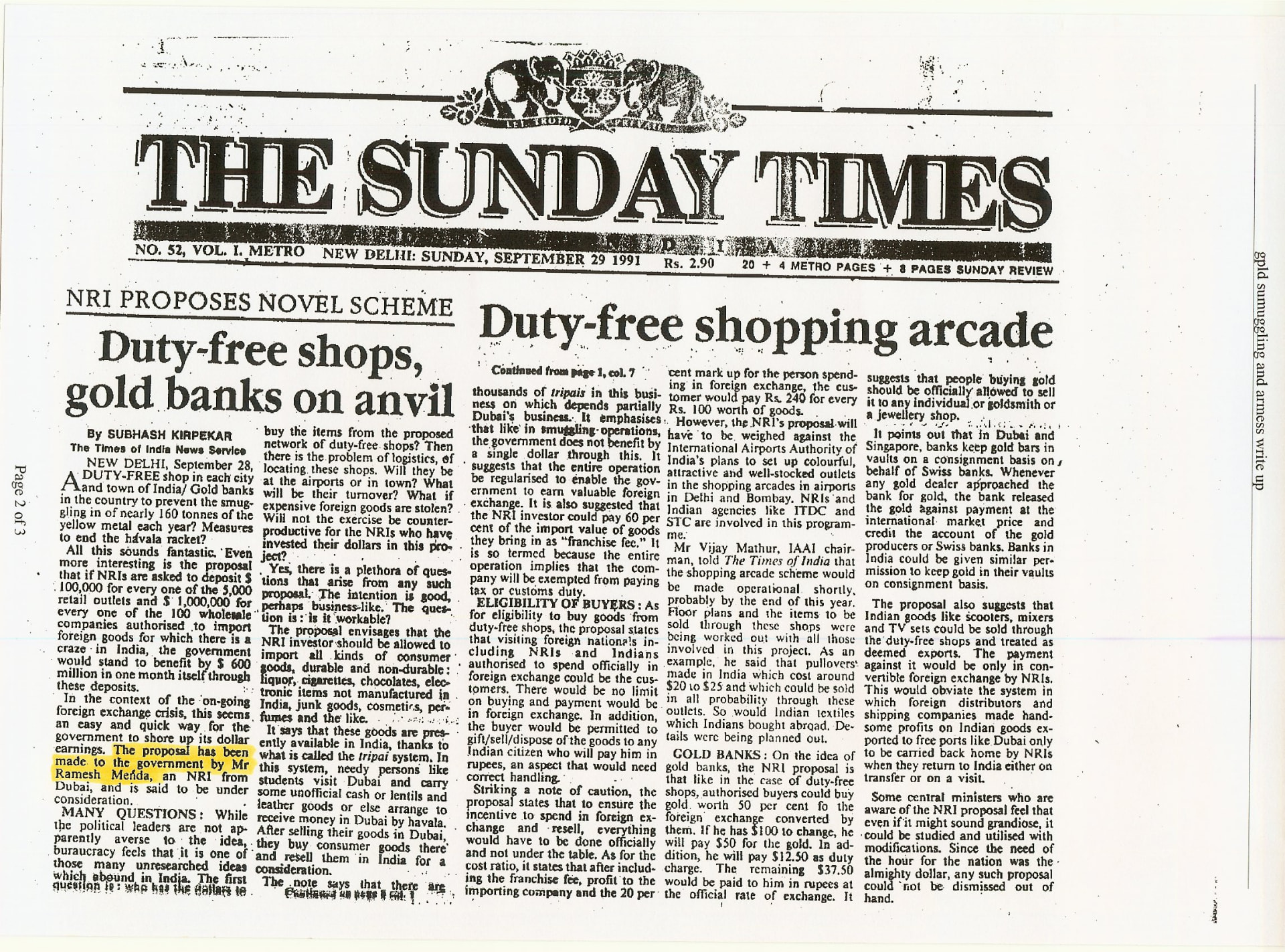 The Sunday Times of India, 29 September 1991 — Duty-free shops, gold banks on anvil
