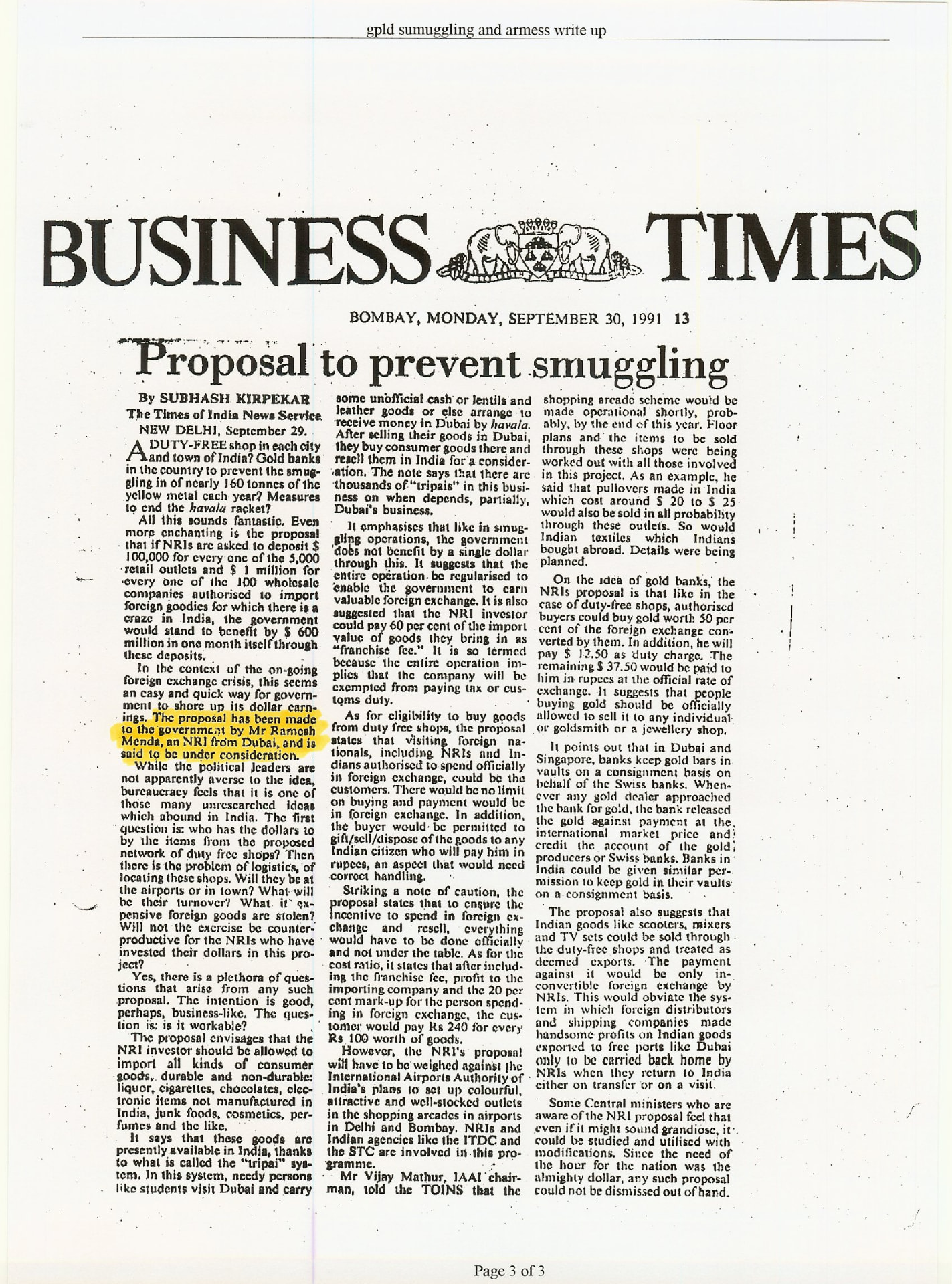 Business Times, 30 September 1991 — Proposal to prevent smuggling
