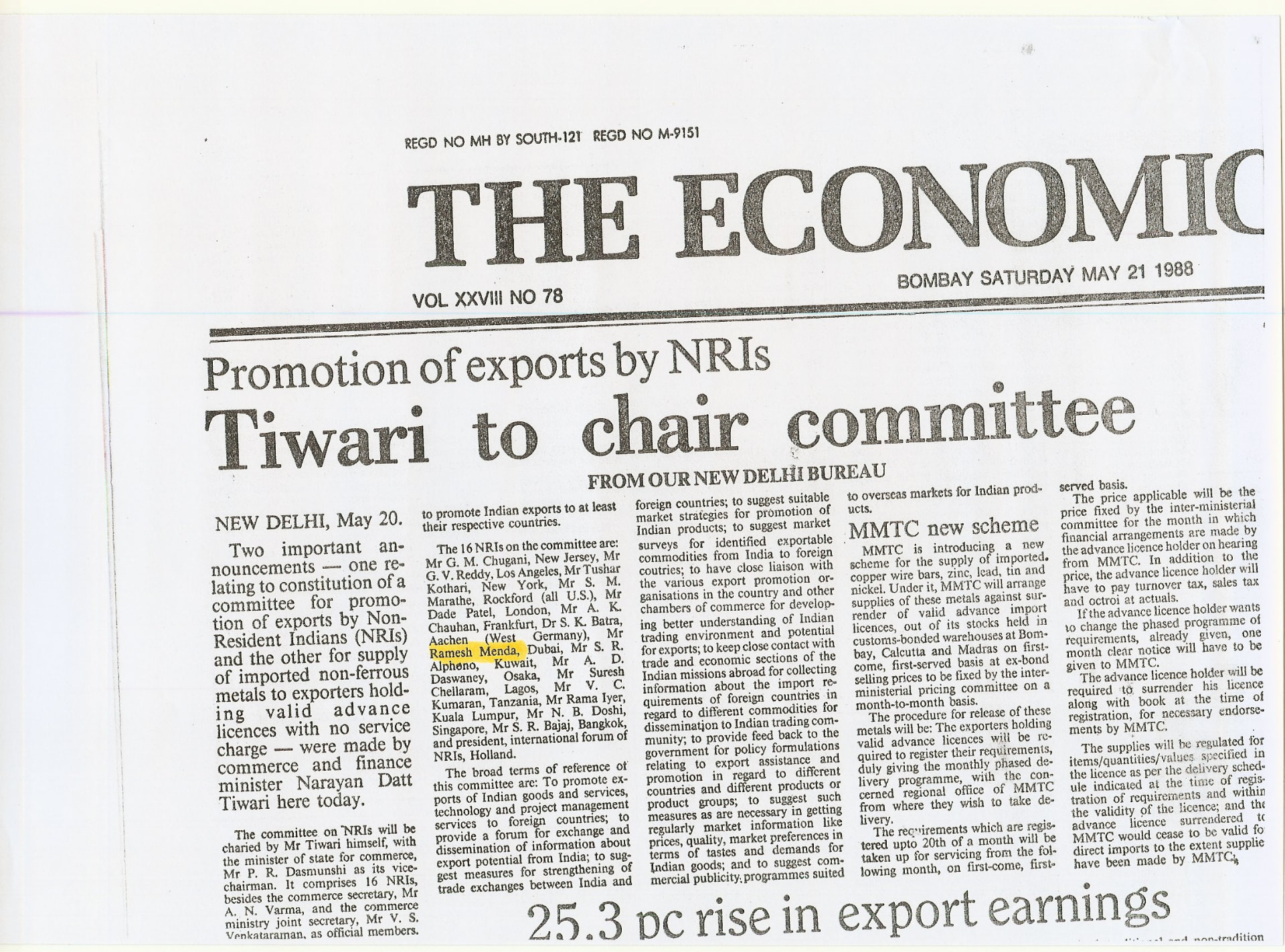 The Economic Times, 21 May 1988 — Promotion of exports by NRIs: NRI High Level Committee